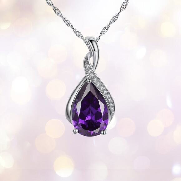 Elegant Teardrop Amethyst Pendant Necklace with Crystal Accent Band - 45cm - Picture 2 of 5